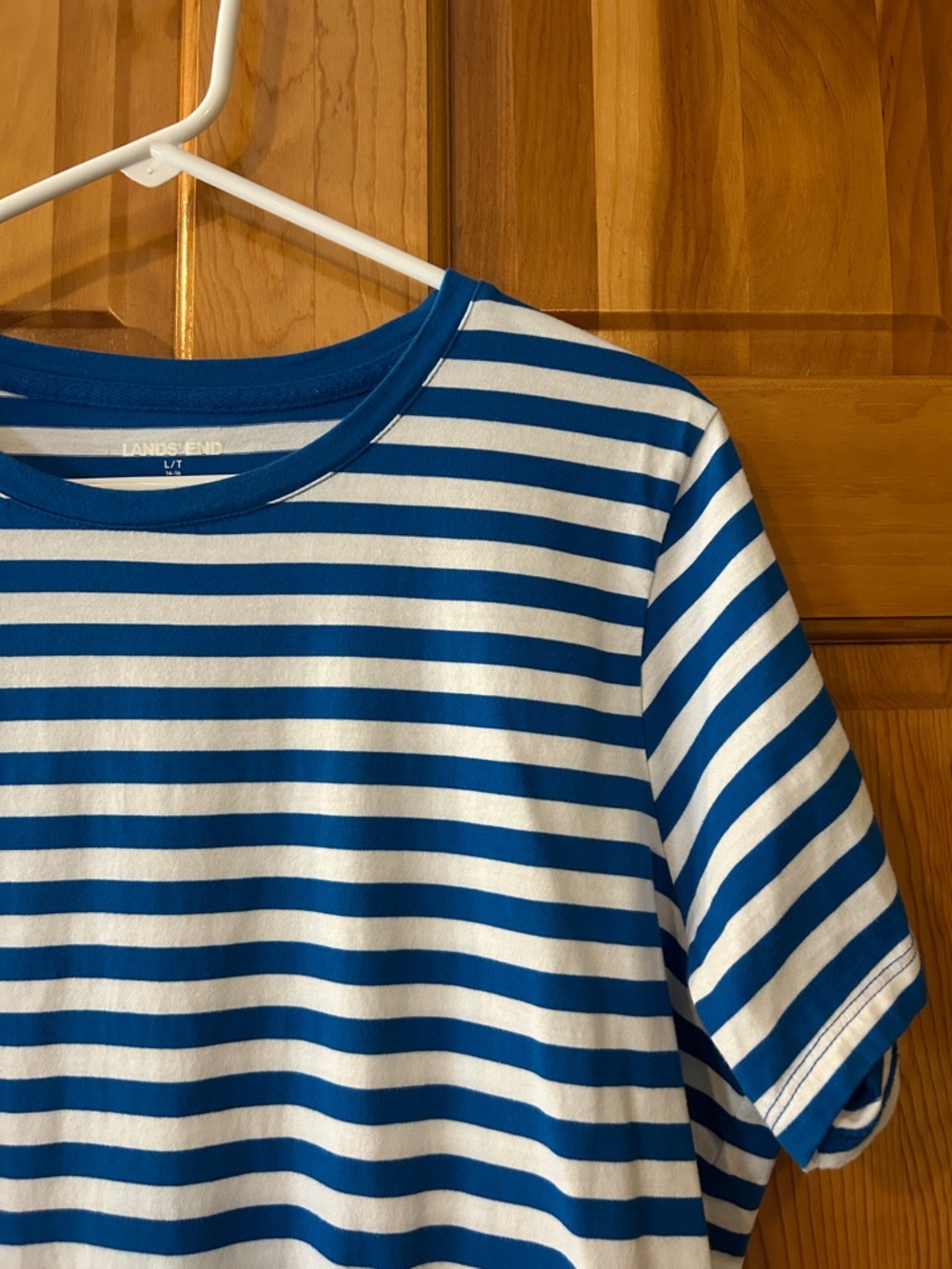 Lands' End White and Royal Blue Horizontal Stripe Tee